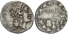 GREEK COINS Ancient Greece Tetradracma. 90-75 a.C. PELLA. MACEDONIA. Anv.: Cabeza de Alejandro Magno con cuerno de Amón a derecha, debajo leyenda. Rev.: AESILLAS. Maza, silla de cuestor y recipiente. 