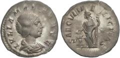 ROMAN COINS: ROMAN EMPIRE Roman Coins Denario. Acuñada el 223 d.C. JULIA MAESA. Anv.: IVLIA MAESA AVG. Busto a derecha. Rev.: SAECVLI FELICITAS. Felicidad en pie a izquierda con pátera y caduceo, a su
