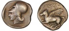 Corinthe - Statère au Pégase (350-306 av. J.-C.) A/ Tête casquée d'Athéna, un masque de Silène derrière la tête. R/ Anépigraphe. Pégase volant à gauche. TB+. GC.2626 Ar ; 8.30 gr ; 20 mm Starting Pric