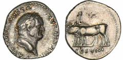 Vespasien - Denier (77-78, Rome) - Attelage de bœufs A/ IMP CAESAR VESPASIANVS AVG. Buste de Vespasien à droite. R/ COS VIII. Deux bœufs à gauche, attelés à une charrue. TB+. C.133-RCV.2289 ($520)-RIC