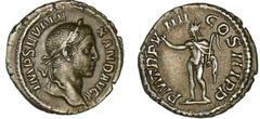 Alexandre Sévère - Denier (290, Rome) - Le Soleil A/ IMP SEV ALEXANDER AVG. Buste nu et lauré à droite. R/ P M TR P VIIII COS III P P. Le Soleil debout à gauche, levant la main droite et tenant un fou