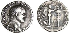Vespasien - Denier (72, Rome) - La Victoire A/ IMP CAES VESPASIAN PM COS IIII. Buste lauré à droite. R/ VICTORIA AVGVSTI La Victoire debout à droite devant elle une enseigne. TTB C.618 (2f)-RCV.2317 (