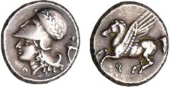 Corinthe - Statère au Pégase (350-306 av. J.-C.) A/ Tête casquée et couronnée d'Athéna, une corne d'abondance derrière la tête. R/ Anépigraphe. Pégase volant à droite. TTB+ GC.2629 Ar ; 8.22 gr ; 19 m
