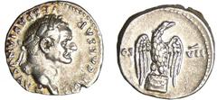 Vespasien - Denier (76, Rome)- Aigle A/ IMP CAESAR VESPASIANVS AVG. Buste de Vespasien à droite. R/ COS VII. Aigle déployé sur un autel, la tête tournée à droite. TTB+ C.120 (2f)-RCV.2287 ($336) Ar ; 