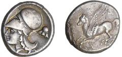 Corinthe - Statère au Pégase (350-306 av. J.-C.) A/ AΛ. Tête casquée d'Athéna, masque de Silène derrière la tête. R/ Anépigraphe. Pégase volant à gauche. TTB+ GC.2626-BCD 115. Ravel 1040. Pegasi 402. 