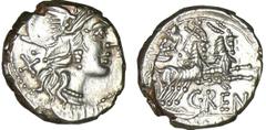 ROMAN REPUBLICAN COINS Renia- Denier (138 av. J.-C.) A/ Tête casquée de Rome à droite, une croix derrière la nuque. R/ C.RENI // ROMA. Juno sur un bige d'antilopes. R SUP RRC.231.1-RCV.108 ($256) Ar ;
