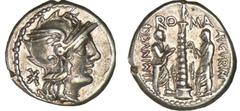 ROMAN REPUBLICAN COINS Minucia - Denier (135 av. J.-C.) A/ ROMA. Tête casquée de Rome à droite, des cheveux sur l'épaule et une croix sous le menton. R/ C.A VG. Colonne ionique surmontée d'une statue,