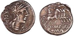 ROMAN REPUBLICAN COINS Porcia - Denier (125 av. J.-C.) A/ LAECA. Tête casquée de Rome à droite, XVI sous le menton. R/ M. PORC // ROMA. La Liberté dans un quadrige galopant à droite. Elle tient un bon