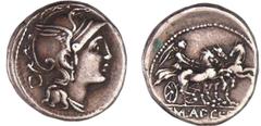 ROMAN REPUBLICAN COINS Mallia - Denier (111-110 av. J.-C.) A/ Tête casquée de Rome à droite. R/ T. MAL AP CL Q VR. La Victoire sur un trige. Le premier cheval tourne la tête à gauche. SUP RRC.299.1b-R