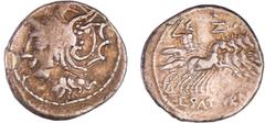ROMAN REPUBLICAN COINS Appuleia - Denier (104 av. J.-C.) A/ Tête casquée de Rome à gauche. R/ L.SATVRN. marque de fabrication Z au dessus. Saturne sur un quadrige à droite. TTB RRC.317.3a-RCV.193 ($20