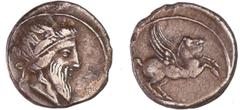 ROMAN REPUBLICAN COINS Titia - Denier (90 av. J.-C.) A/ Anépigraphe. Tête de Mutinus Titinus à droite ; Il est barbu et coiffé d'un diadème ailé. R/ Q. TITI sur une base. Pégase s'élançant à droite. T