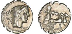 ROMAN REPUBLICAN COINS Procilia - Denier serratus (80 av. J.-C.) A/ S.C. Tête de Junon Sospita à droite, coiffée de la dépouille de chèvre. R/ L. PROCILI. F à l'exergue. Junon Sospita dans un bige gal