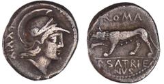 ROMAN REPUBLICAN COINS Satriena - Denier (77 av. J.-C.) A/ Anépigraphe. Tête casquée de Mars à droite, XIXXI derrière la tête. R/ ROMA / P. SATRIE / NVS. Louve passant à gauche, levant l'antérieur dro