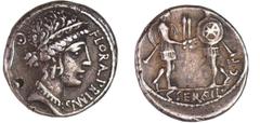 ROMAN REPUBLICAN COINS Servilia - Denier (57 av. J.-C.) A/ FLORA.PRIMVS. Tête de Flora à droite, un "lituus" derrière la nuque. R/ C.SERVEIL.C.F. Deux soldats se faisant face et présentant chacun une 