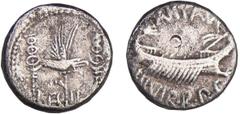 ROMAN REPUBLICAN COINS Marc Antoine - Denier des Légions II A/ ANT AVG III VIR R P C. Galère prétorienne. R/ LEG II. Aigle entre deux enseignes militaires. RR SUP RRC.544.14-C.27 (2f) Ar ; 3.59 gr ; 1
