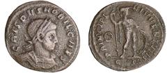 ROMAN IMPERIAL COINS Crispus - Follis réduit (Rome) A/ CRISPVS NOBIL CAES Buste lauré et cuirrassé à droite. R/ PRINCIPIA IVVENTIS // RS Soldat debout à droite appuyé à un bouclier et tenant une haste