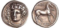 GREEK COINS Ligue Thessalienne - Larissa - Didrachme (400-360 av. J.-C.) A/ Tête de la nymphe Larissa de face, les cheveux retenus par un bandeau. R/ ΛΑPIΣAIA Cheval au galop à droite. SUP GC.2119-Poz