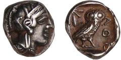 GREEK COINS Attique - Athènes - Drachme (449-413 av. J.-C.) époque de Marathon A/ Tête d'Athéna à droite, coiffée du casque attique à cimier. R/ ΑΘΕ. Chouette debout à droite, la tête de face. Le tout