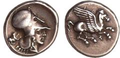 GREEK COINS Corinthe - Statère (350-306 av. J.-C.) A/ Tête casquée d'Athéna, masque de Silène derrière la tête. R/ Pégase volant à droite. TTB+ GC.2629/31-Ravel.532 Ar ; 8.51 gr ; 21 mm Coll. F. Febre