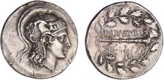 GREEK COINS Ionie - Héraclée du Latmos - Tétradrachme (150-142 av. J.-C.) A/ Tête casquée d'Athéna à droite, coiffée du casque attique à cimier à triple aigrette, ornée d'un Pégase volant et de quatre