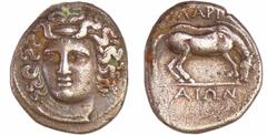 GREEK COINS Ligue Thessalienne - Larissa - Drachme (400-344 av. J.-C.) A/ Tête de la nymphe Larissa de face, les cheveux retenus par un bandeau. R/ ΛΑΡΙΣΑΙΩΝ. Cheval à droite, levant l'antérieur gauch