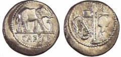 ROMAN COINS Jules César - Denier (49 av. J.-C.) A/ CAESAR. Eléphant marchant à droite. R/ Anépigraphe. Bâton d'augure, couteau de sacrificateur, vase à sacrifices, simpule et aspersoir. TTB RRC.443.1-