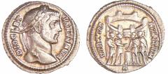ROMAN COINS Dioclétien - Argenteus (300-301, Trèves) A/ DIOCLETIANVS AVG Buste lauré à droite. R/ VITVS MILITVM // A Dioclétien, Maximien, Constance et Galère devant l'enceinte d'un camp. SPL C.manque