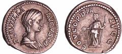ROMAN COINS Plautille - Denier (202, Rome) - La Concorde A/ PLAVTILLA AVGVSTA. Buste nu à droite. R/ CONCORDIA AVGG La Concorde debout à gauche tenant une patère et un sceptre. TTB C.2 (4f)-RCV.7065va
