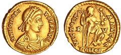 ROMAN COINS Honorius - Solidus (395-402, Ravenne) A/ D N HONORIVS P F AVG Buste de l'empereur diadémé, drapé et cuirassé à droite. R/ VICTOTRIA AVGGG - R | V // CONOB. Honorius en habits militaires, d
