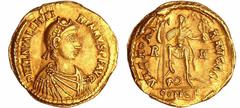 MEROVINGIAN COINS Mérovingienne - Royaume de Bourgondie - Imitation au nom de Valentinien III - Solidus A/ DN PLA VALENTINIANVS PF AVG Buste à droite. R/ VICTORIA AVGGG // CONOB Empereur de face. RRR 