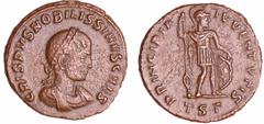 ROMAN COINS Crispus - Follis réduit (Théssalonique) A/ CRISPVS NOBILISSIMVS CAES Buste lauré et cuirassé à droite. R/ PRINCIPIA IVVENTIS // TSΓ Soldat debout à droite appuyé à un bouclier et tenant un