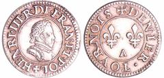 ROYAL FRENCH COINS - Hugues Capet to Henri IV Henri III (1574-1589) - Denier tournois - SD A (Paris) essai en argent A/ + HENRI. III. R. DE. FRAN. ET. POL. Buste au col plat à droite, lauré, barbu, mo