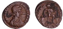 ROMAN COINS Valentinien II - Folis (Aquilia) A/ D N VALERIANVS P F AVG Buste casqué tenant une lance et un boulier. R/ GLORIA ROMANORVM // SMAQ L'Empereur sur une proue de navire en habits militaires,