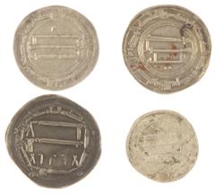 Coins world in lots (boxes) Coins world in boxes - Arabian Empires - Abbasid Caliphate: temp. al- Mansur (AD754-775) AR dirham, al-Kufah, AH140 (A-213.1; Wilkes 377); temp. al-Rashid (AD786-809) AR di