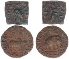 Ancient coins in lots - - Greek / Hellenistic coinage Ancient coins in lots - - Greek / Hellenistic coinage - Indo-Greek, Menander Soter, c.175-135 BC, square AE, denomination A (5.14 g.), Helmeted bu