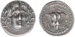 Ancient coinage / Greece Greece - Islands off Caria - Rhodos / Rhodes - AR Didrachm (c. 250-229 BC, 6.74g) - Agesidamos, magistrate - Radiate head of Helios facing slightly right / Rose with bud to ri