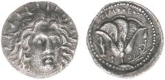 Ancient coinage / Greece Greece - Islands off Caria - Rhodos / Rhodes - AR Didrachm (c. 250-229 BC, 6.27g) - Timotheos, magistrate - Radiate head of Helios facing slightly right / Rose with bud to rig