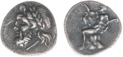 Ancient coinage / Greece Greece - Peloponnesos - Arkadia / Arkadian League - AR Triobol (Megalopolis c. 175-168 BC, 2.32g) - Laureate head of Zeus left / Pan seated left on rock, raising hand and hold