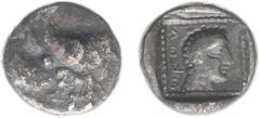 Asia Minor Asia Minor - Lycia - Dynasts of Lycia / Uvug - AR Tetrobol (c. 470-440 BC, 2.68g) - Forepart of winged, man-headed bull advancing right / Head of Aphrodite right, Lycian legend OFOV behind,