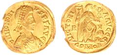 Roman Imperial Coinage Roman Imperial Coinage - Honorius (393-423) - AV Solidus (Ravenna c. AD 402-406, 4.25g) - DN HONORIVS PF AVG Pearl-diademed, draped and cuirassed bust right / VICTORIA AVGGG Hon
