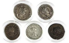 Ancient coins in lots - Roman ladies on Antoniniani: Herennia Etruscilla (2x), Otacilia Severa (1x), Salonina (1x), Severina (1x) - totally 5 coins in avg. VF