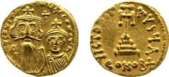 Byzantine Coinage - Constans II (641-668) - Constans II with Constantine IV - AV Solidus (Constantinople, 4.52 gm.) - Crowned and draped facing busts of Constans and Constantine, cross above / Cross p