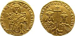 Byzantine Coinage - Basileos I The Macedonian (867-886) - Basil the Macedonian with Constantine - AV Solidus (Constantinople, 4.44 gm.) - Nimbate Christ enthroned facing, raising hand in benediction a