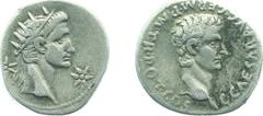 Roman Imperial Coinage - Caligula (37-41) - AR Denarius (Posthumous coinage of Augustus, Lugdunum 37-38 AD, 3.67 gm.) - C CAESAR AVG GERM PM TR POT COS Bare head of Caligula right / Radiate head of Au