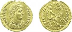 Roman Imperial Coinage - Gratianus (367-383) - AV Solidus (Antioch, 4.35 gm.) - Diademed, draped and cuirassed bust right / VICTORIA AVGVSTORVM Victory seated right, holding shield inscribed VOT V MVL