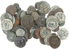 Ancient coins in lots - Mixed lot with more than 50 ancient bronze coins, mainly Roman (mostly 4th century Folles) but also some Greek (appr. 15 pieces) - totally more than 50 pieces in avg. a.VF