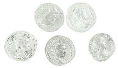 Ancient coins in lots - Lot with 5 Denarii: Julia Soaemias (VENUS CAELESTIS, RIC 243), Faustina Minor (Concordia, RIC 496), Faustina Mater (Pietas, RIC 373), Septimius Severus (Severus standing left, 