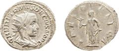Roman Imperial Coinage - Herennius Etruscus (250-251) - AR Antoninianus (Rome 250-251, 4.29 gm.) - Radiate, draped and cuirassed bust right / Spes advancing left holding flower (RIC 149) - XF
