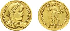 Roman Imperial Coinage - Valens (364-378 n.Chr.) - AV Solidus (Sirmium 364, 4.40 gm.) - DN VALENS PF AVG Diademed, draped and cuirassed bust right / RESTITVTOR REI PVBLICAE The emperor with labarum (w