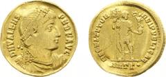 Roman Imperial Coinage - Valens (364-378 n.Chr.) - AV Solidus (Antioch Ad 364-7, 4.29 gm.) - Pearl-diademed, draped and cuirassed bust right / Valens standing facing holding labarum and Victoria on gl